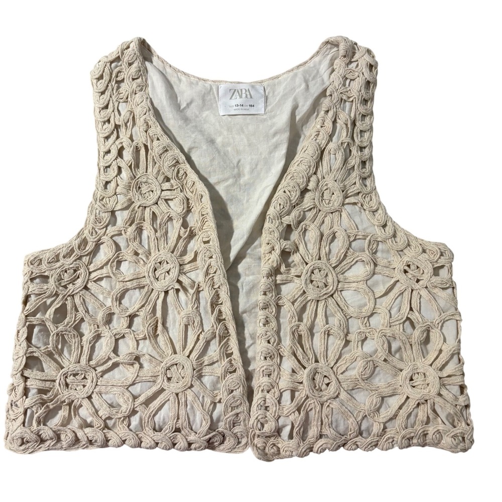 ZARA Girls Cream Floral Crochet Vest Open Front Boho‎ Layering Top Size 13-14 S